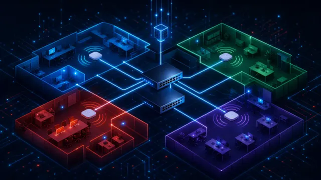 Isometrische Illustration von vier farblich getrennten Bürobereichen in Blau, Grün, Rot und Violett mit Schreibtischen und WLAN-Access-Points, verbunden über leuchtende Linien mit zwei zentralen Netzwerk-Switches.