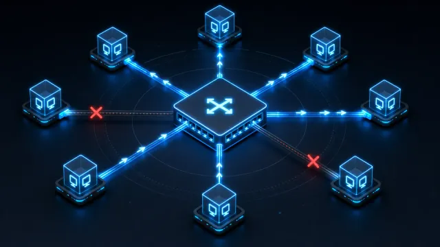 Isometrische Grafik eines zentralen Netzwerk-Switches mit acht angeschlossenen Servereinheiten, blaue Datenpfeile verbinden die meisten Knoten, zwei Verbindungen sind mit einem roten Kreuz markiert.