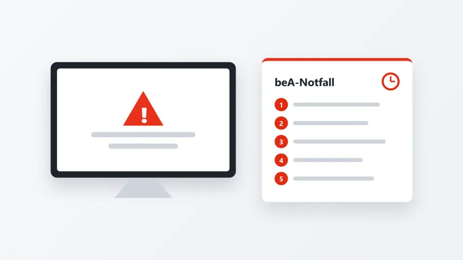 Grafik eines Monitors mit rotem Warnsymbol, daneben eine Karte mit der Überschrift beA-Notfall, fünf nummerierten Schritten und einem roten Uhrensymbol.