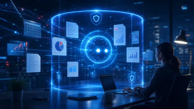 Frau sitzt nachts an einem Laptop vor einem leuchtenden blauen Hologramm-Zylinder mit Dokumenten-, Diagramm- und Schild-Symbolen vor einer Stadtsilhouette im Hintergrund.