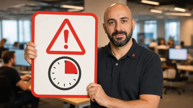Glatzköpfiger, bärtiger Mann im dunklen Poloshirt hält in einem Großraumbüro ein Schild mit rotem Warndreieck und einer zur Hälfte roten Uhr in die Kamera.
