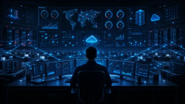 Person sitzt von hinten vor mehreren Monitoren mit Dashboards, davor eine große Wand aus Bildschirmen mit Weltkarte, Cloud-Symbol, Diagrammen und blauen Netzwerklinien.