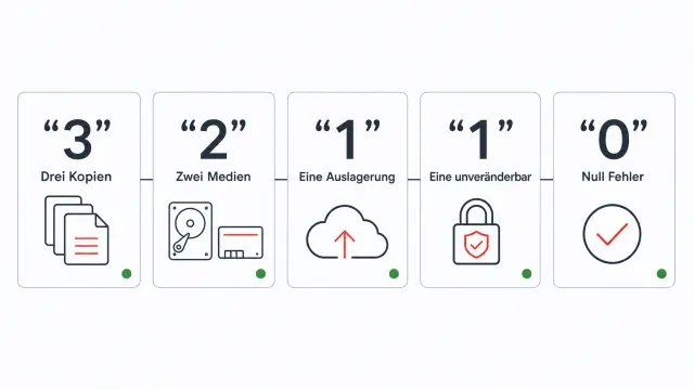 Drei leuchtende blaue Datendateien schweben über Server, Festplatte und Cloud-Symbol, rechts daneben ein Tresor mit rotem Schlosssymbol in einer transparenten Schutzkugel.