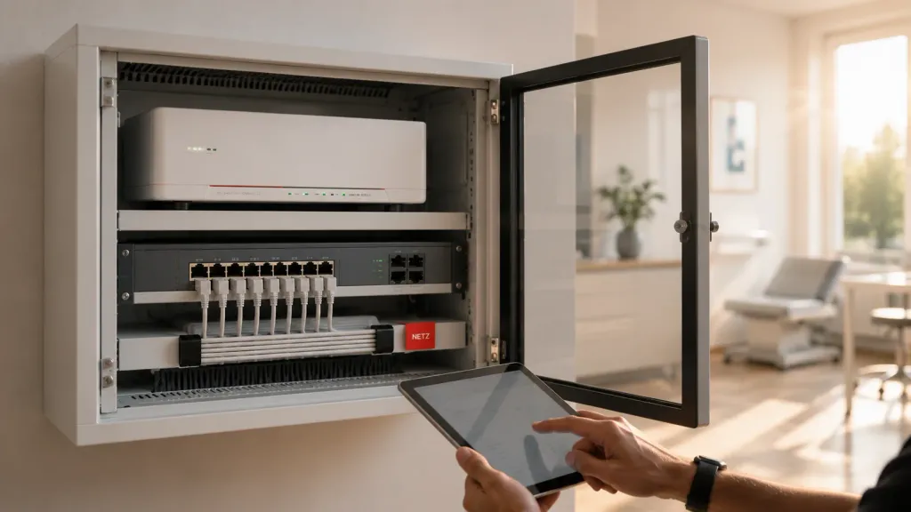 Sauber installierte Praxis-IT mit Telematik-Konnektor und Netzwerktechnik in einer Hamburger Arztpraxis