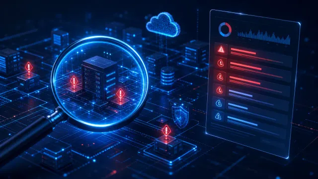Digitale Illustration mit einer Lupe über einem Servergebäude, das von roten Warndreiecken umgeben ist, rechts daneben ein Panel mit Kreisdiagramm, Balkendiagramm und einer Liste mit roten und blauen Warnsymbolen.