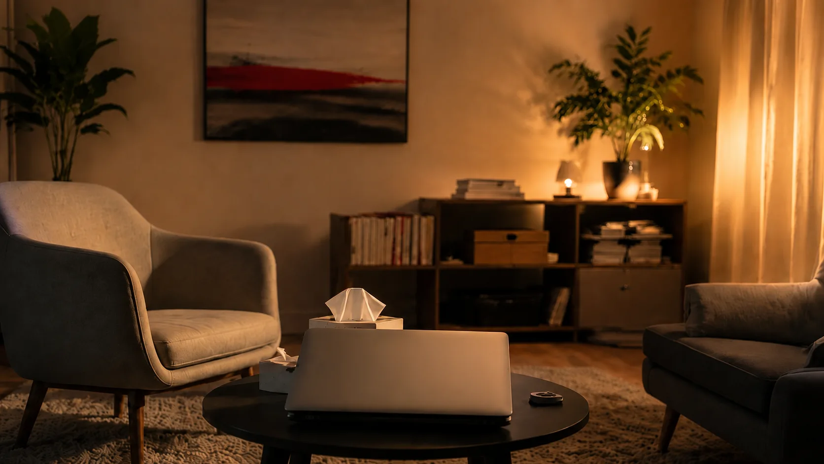 Ruhiger, diskreter Therapieraum mit gesichertem Laptop als Sinnbild für Datenschutz in der Psychotherapie