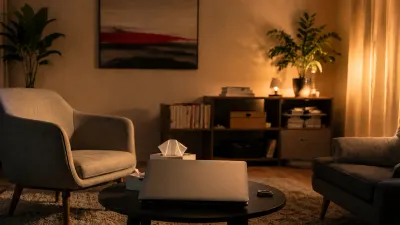 Ruhiger, diskreter Therapieraum mit gesichertem Laptop als Sinnbild für Datenschutz in der Psychotherapie