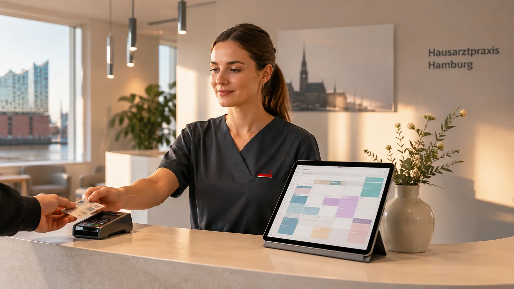 Medizinische Fachangestellte liest am Empfang eine elektronische Gesundheitskarte ein